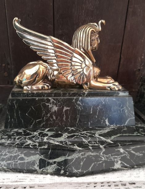 ENCRIER SPHINX AILLE EN BRONZE SUR SOCLE EN MARBRE VERT